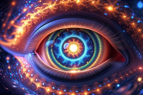 Vibrant Animated Human Eye Iris with Rainbow Fractals Emanating from a Radiant Core in a Digital Universe
