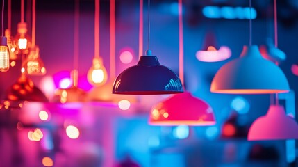 Colorful pendant lights hanging in modern bar with vibrant neon tones and nightlife atmosphere decor scene