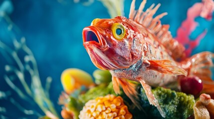 Fresh red fish on ice display with vegetables in seafood market or restaurant cuisine photography concept