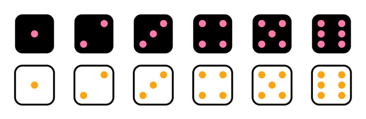 White dice with black dots in 3D vector style, casino game element with numbers from one to six. Flat vector illustration isolated on white background.