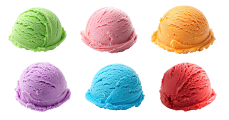 Assorted colorful ice cream scoops isolated on transparent background, various flavors