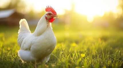 Fototapeta premium White chicken standing on green grass in sunlight in natural rural outdoor environment