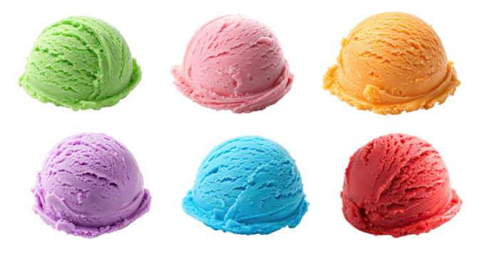 Assorted colorful ice cream scoops isolated on transparent background, various flavors