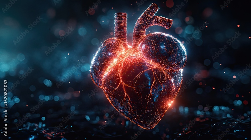 Poster illuminated heart model with glowing veins against a dark and bokeh filled background space scene