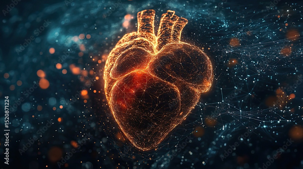 Aufkleber glowing anatomical heart structure with connected lines and points on a dark blue background