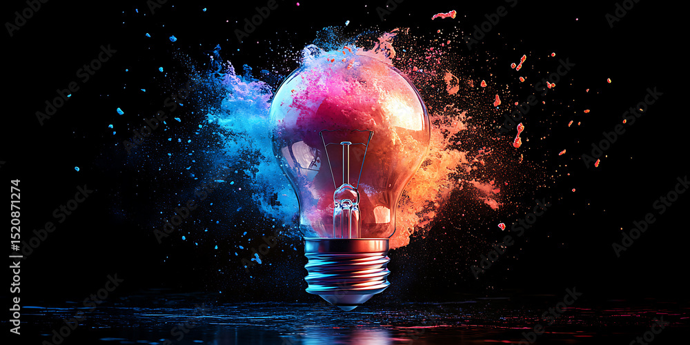 Poster creative idea lightbulb with vibrant color explosion innovation concept reflecting light representin