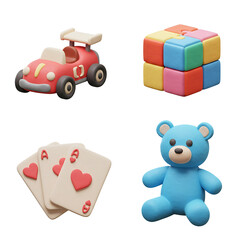 Playful Collection: Red Toy Car, Puzzle Cube, Ace Cards, and Blue Teddy Bear