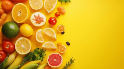 Bright yellow background with assorted citrus slices creating vibrant tropical health food layout