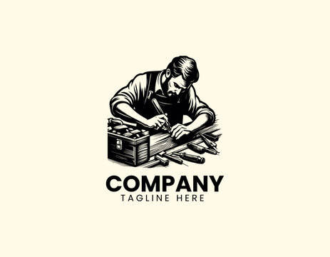 Skilled Wood Carver Dedicatedly Crafting Wood with Traditional Tools Vector Logo Design