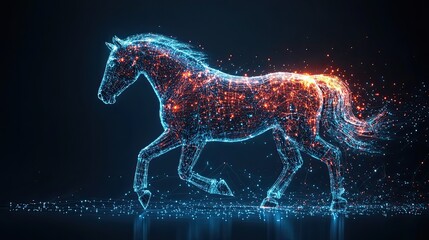 Digital horse running with glowing lines and particles on a dark blue to black gradient background