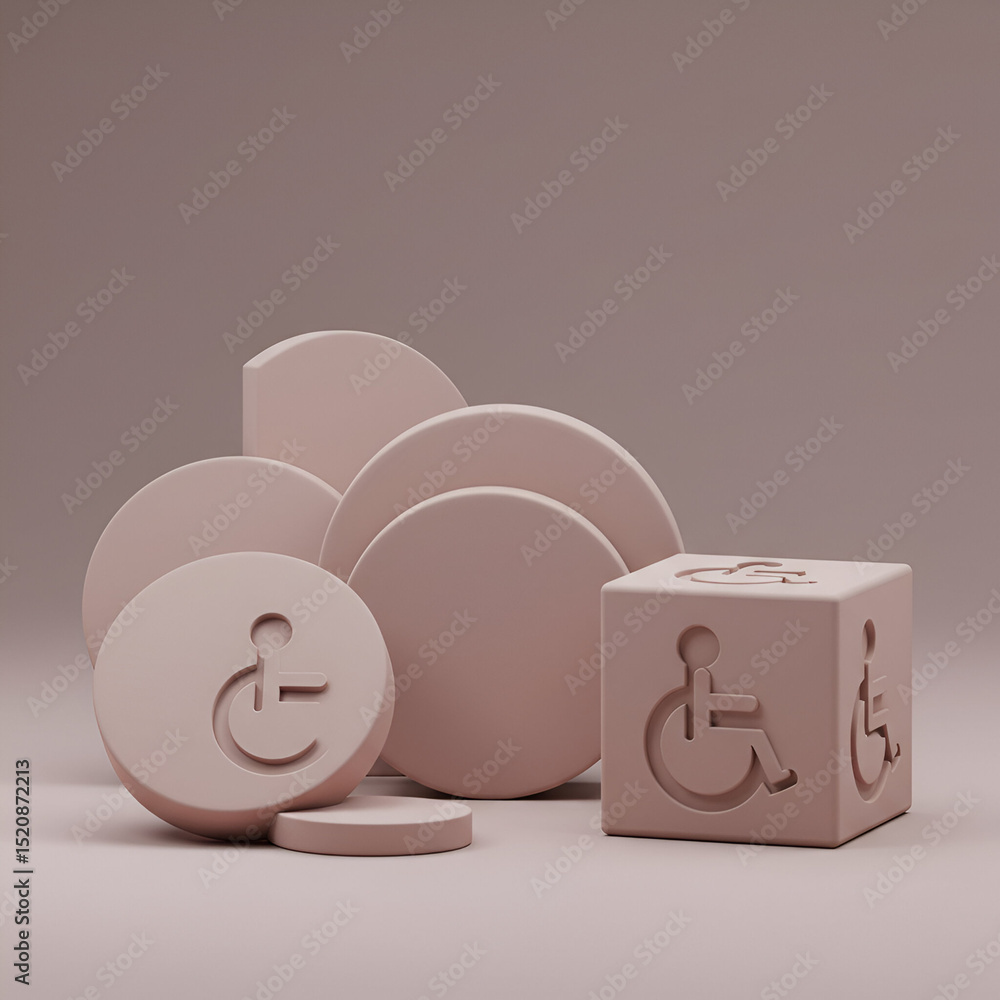 Poster a set of pastel-colored, 3d-modelled circles and a cube display the universal accessibility symbol o
