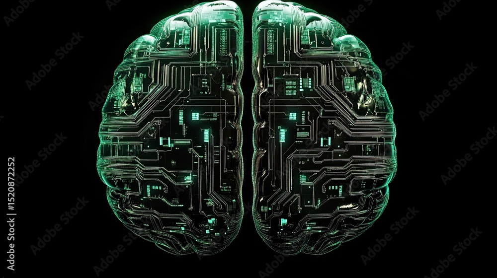 Poster artificial intelligence brain with circuit board design against a black background in green hue