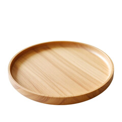 A simple light brown wooden plate with a raised edge against a dark background in a studio shot