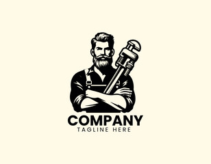 Skilled Professional Bearded Plumber Cross-Armed Wrench Holding Vector Logo Design