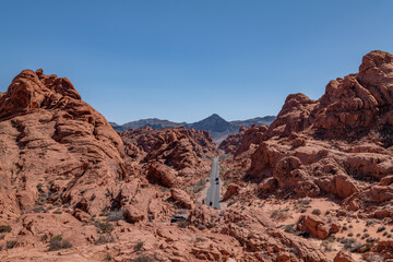 Mouse's Road Scenic Lookout, red Aztec Sandstone outcrops. Valley of Fire State Park, Clark County, Nevada geology. Weathering
