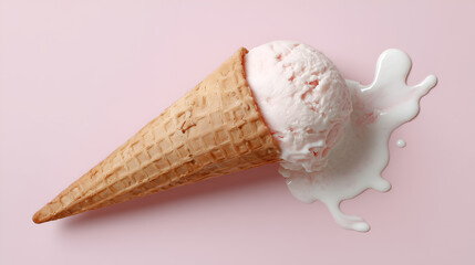 a melting ice cream cone against a soft pink background, a sweet summer treat. A single scoop of ice cream sits melting next to the cone