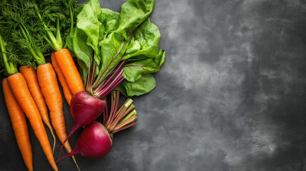 Fresh carrots and beets with green tops on dark textured background
