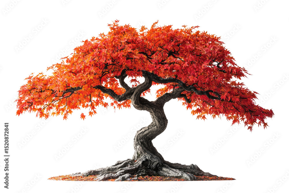 Poster a majestic bonsai tree with vibrant red autumn leaves, showcasing intricate branching and a gnarled 
