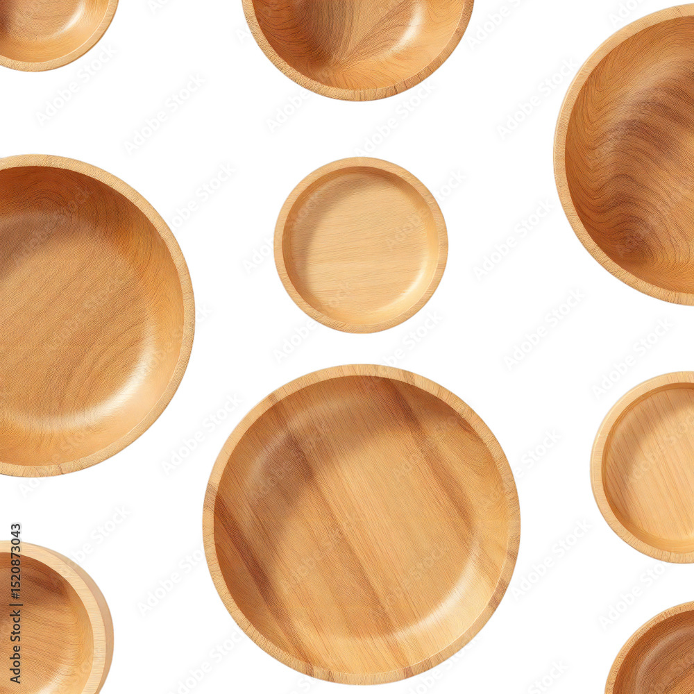 Poster aerial view of multiple empty wooden bowls of varying sizes against a black background pattern