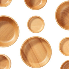 Aerial view of multiple empty wooden bowls of varying sizes against a black background pattern