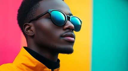 Portrait of man in yellow jacket with sunglasses on bright colorful background for street fashion shoot