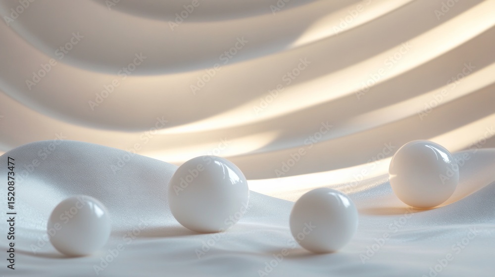 Poster white eggs on smooth wave surface in surreal abstract composition with minimalist futuristic visual 
