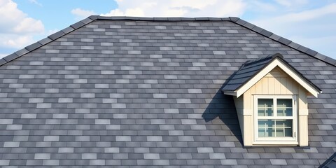 Dark gray asphalt shingles on a new home's roof, ample empty space, modern home,  housetop