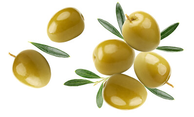 green olives isolated on white background. clipping path