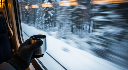 Enjoying a warm drink while traveling through a snowy winter landscape by train.