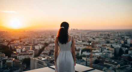 Woman in a white dress watching the sunset over the city from a rooftop.