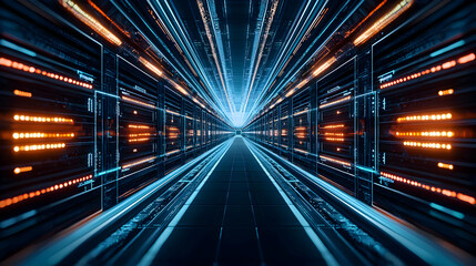 Fototapeta premium Futuristic Data Center Tunnel with Glowing Lights