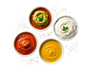 A top view of four bowls with different sauces and a black background with small white granules