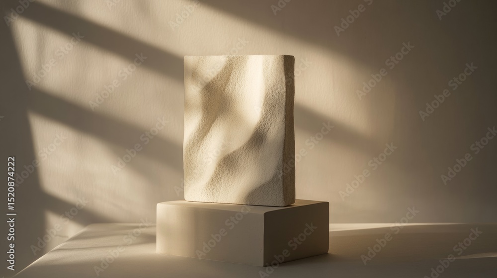 Poster abstract rectangular pedestal casting soft shadows in neutral light on textured background minimalis