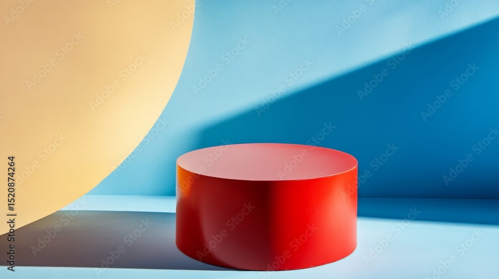 Poster red cylindrical podium with soft gradient background in minimalist product display photography compo