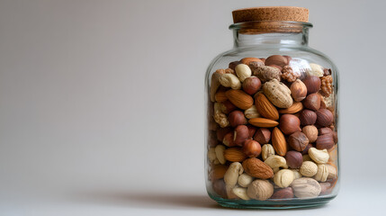 a glass jar filled with a variety of mixed nuts, sealed with a cork lid