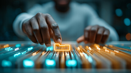 A person's hand interacting with a digital file folder, symbolizing data management and technology