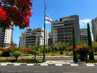 Israeli white and blue flag on the streets of the city. Modern residential area, neat well-kept streets, flowering trees. Modern Middle East, Israeli architecture