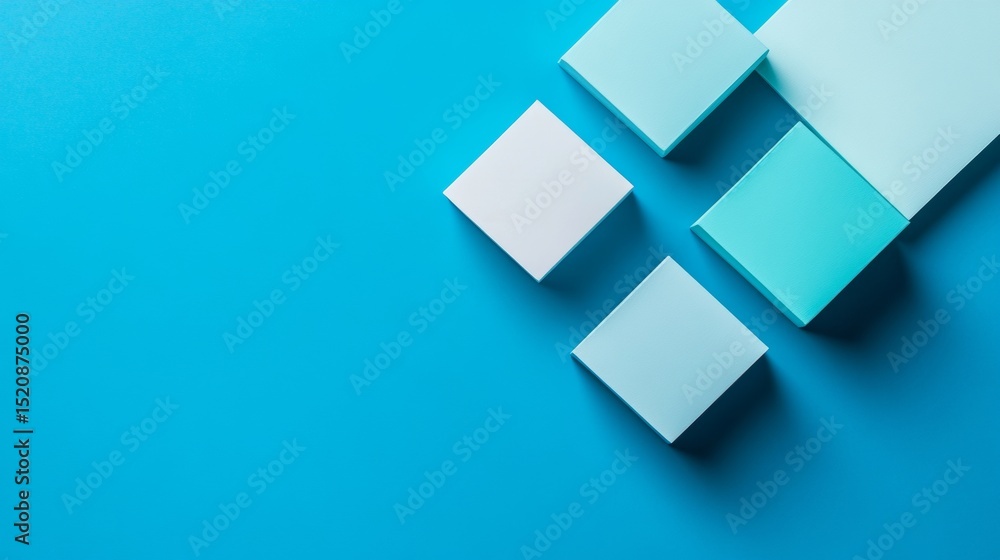 Poster blue 3d geometric blocks on cyan surface with hard shadows in modern digital abstract minimal backgr