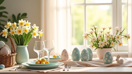 Festive easter table setting with daffodils and decorated eggs