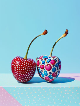 Two cherries in vibrant, contrasting colors placed on a smooth, flat surface.