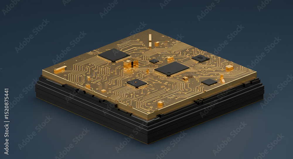 Poster golden circuit board in 3d isometric view. detailed microchip and wiring design with dark backing. m
