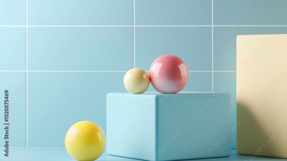 Poster geometric pastel shapes with spheres on tiled background for abstract minimal branding composition s