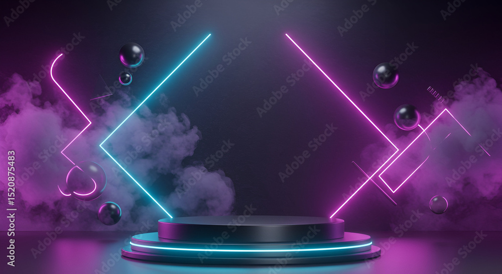 Poster empty neon lit podium with abstract geometric shapes and smoke in a dark room. product display mocku