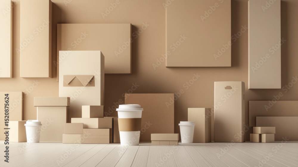 Poster modern pastel 3d scene with abstract block shapes and floating cup in geometric stylish composition 