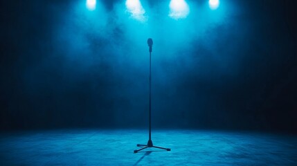 Empty microphone stage under blue spotlight with smoke and moody concert atmosphere setup dramatic composition scene