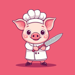 Chef Piggy's Culinary Creation: A charming illustration of a cheerful pig dressed in a chef's attire, holding a kitchen knife with a friendly smile, set against a solid, playful background.