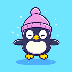 Cute Penguin in Winter: An adorable cartoon penguin, donned in a cozy winter hat, playfully surrounded by snowflakes, captures the whimsical spirit of winter and the innocence of joy.