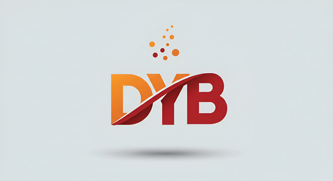 DYB monogram logo design with overlapping orange and red letters against a light gray background. Modern and professional logo design for a company or organization.