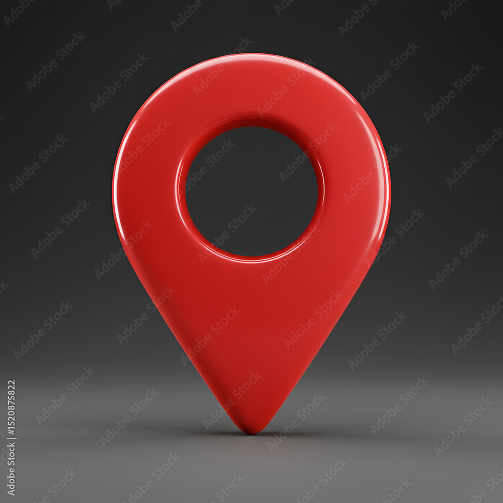 Poster red location marker icon with a glossy finish, standing on a dark gray surface. isolated 3d graphic 