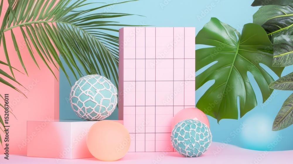 Poster geometric pastel setup with leaves and textures in abstract composition for creative visual merchand